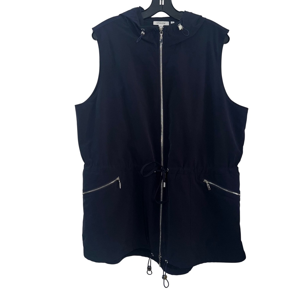 Chicos Zenergy Navy Blue Hooded Utility Vest‎ Full Zip Drawstring Waist Size 3 L